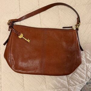 Fossil Cognac Leather Shoulder Bag with Gold Key Charm